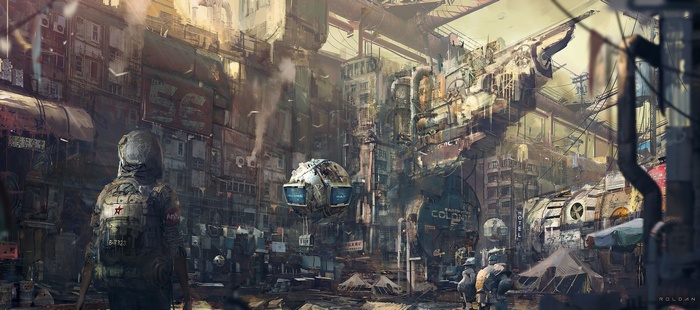Futuristic cityscape with a person in the foreground