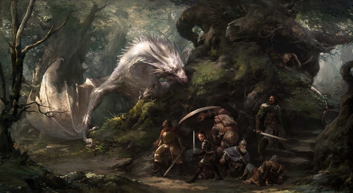 Fantasy artwork of a white dragon and warriors in a forest