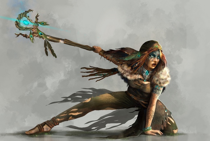 Fantasy art of a warrior woman with a staff