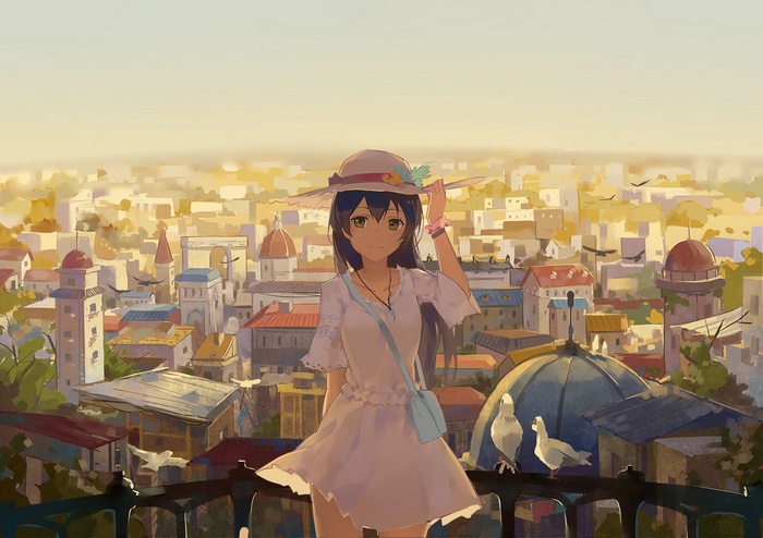 Sonoda Umi in a white dress and hat overlooking a city
