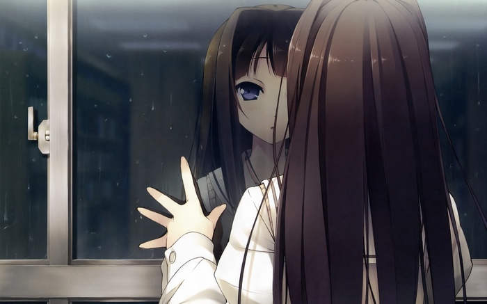Ayase Sayuki looking out a window in the rain