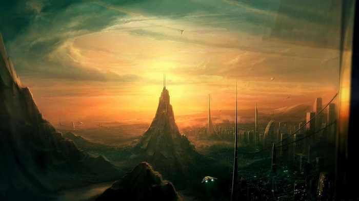 Futuristic city with mountains and sunset