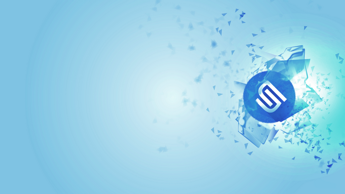 Abstract blue geometric shards with a circular logo