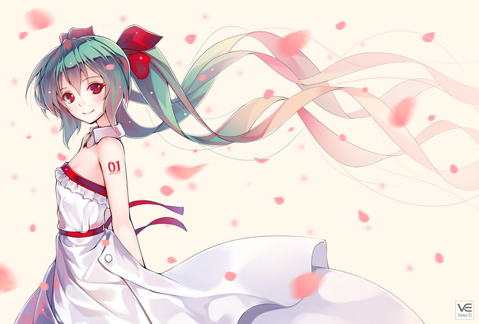 Hatsune Miku in a white dress with red accents and green twintails