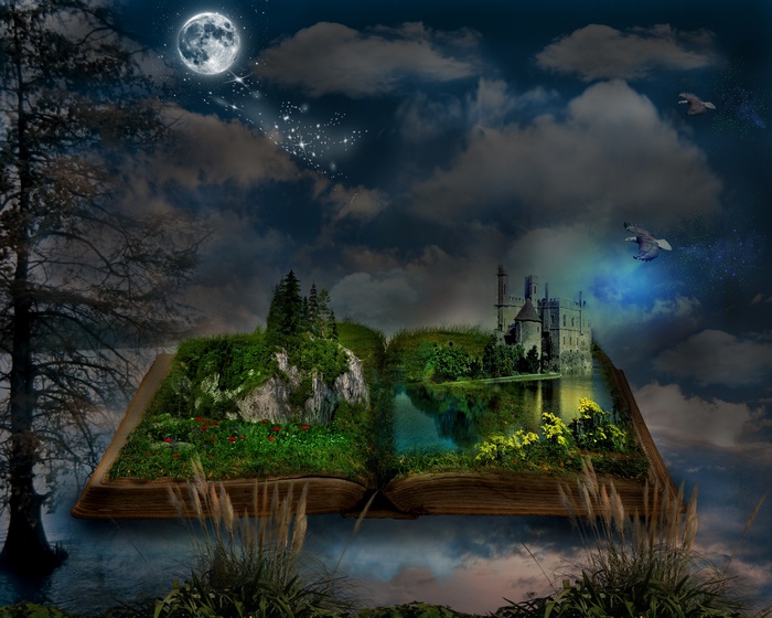 Open book with fantasy landscape and castle