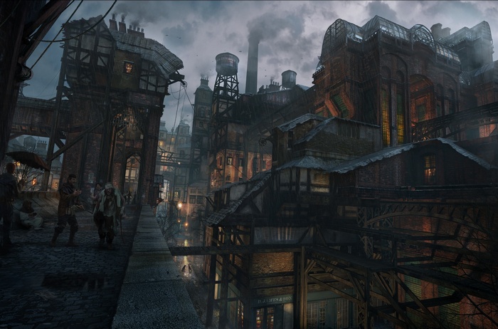 Fantasy city street in the rain with old buildings