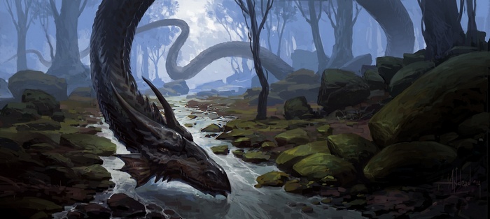 Dragon in a misty forest stream