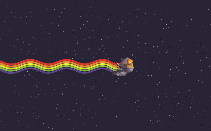 Nyan Cat flying through space with a rainbow trail