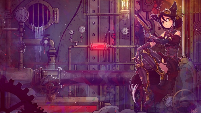 Anime girl with cat ears holding a steampunk gun