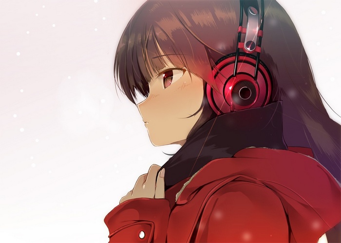 Anime girl with headphones in the snow