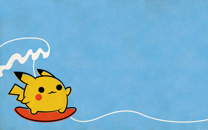 Pikachu surfing on a surfboard with a wave