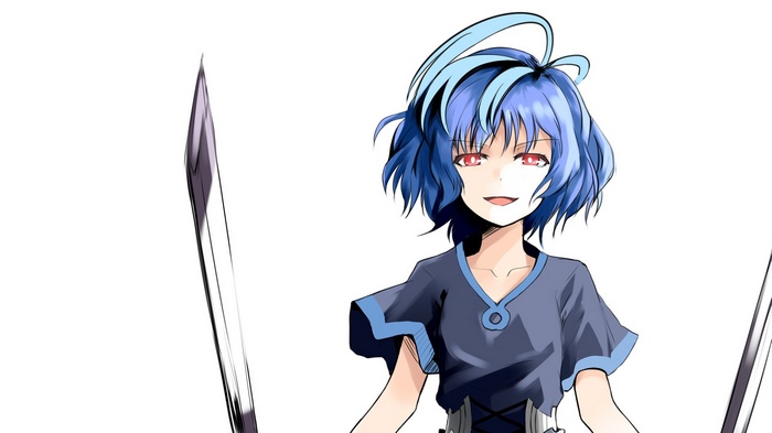 Hiruko Kohina with blue hair and red eyes
