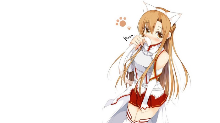 Yuuki Asuna, simple background, anime girls, white background, Sword Art Online, animal ears, nekomimi
