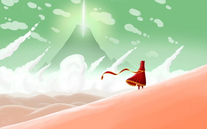 Journey game character in red robe on sand dunes