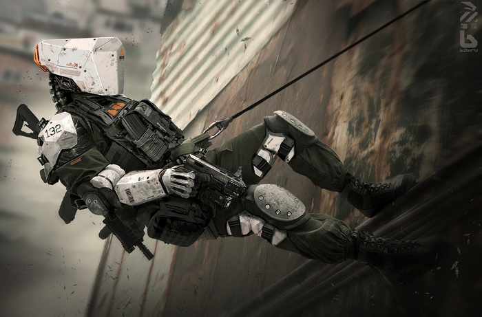 Futuristic soldier rappelling down a wall