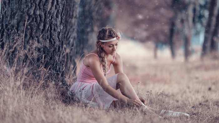 long hair, grass, brunette, braids, filter, women outdoors, tank top, depth of field, skirt, nature, ballerina, women, trees, headband, bare shoulders, model
