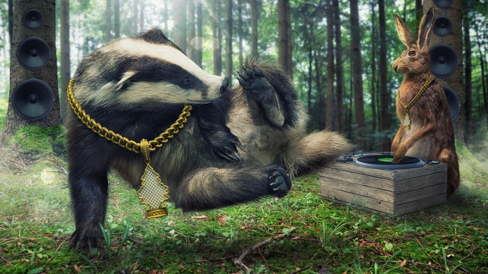 Badger and Rabbit DJing in a Forest with Speakers