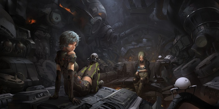Two women in a futuristic junkyard with robots