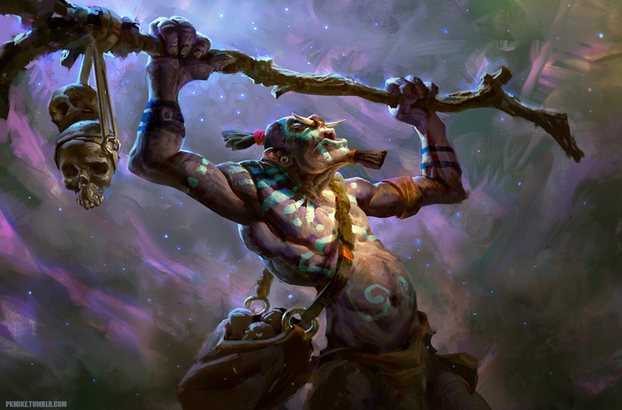 Witch Doctor from Dota 2 holding a staff with skulls