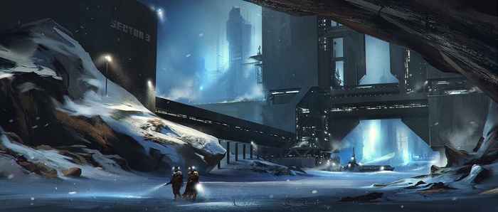 Futuristic industrial sector in a snowy landscape