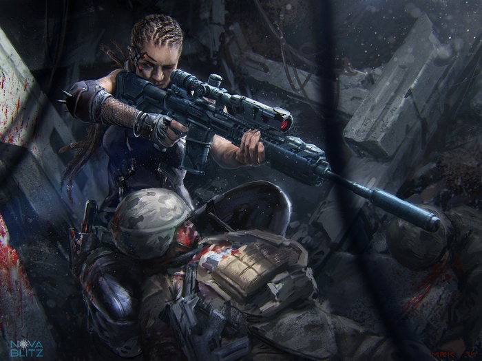 Futuristic sniper aiming a rifle over a fallen soldier
