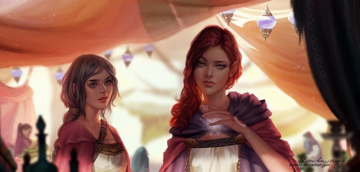 Two women in a fantasy market with magical lights