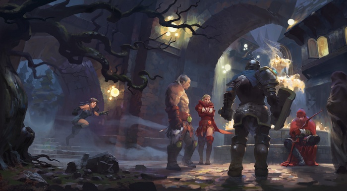 Fantasy art of adventurers in a dark city square