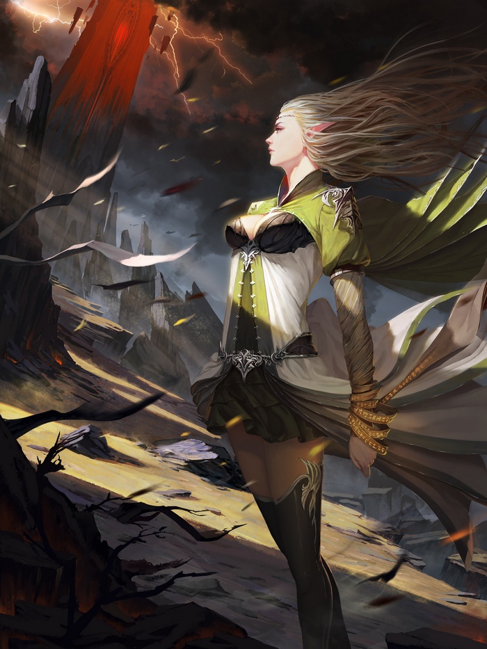 Elf woman in green and white outfit in a stormy landscape