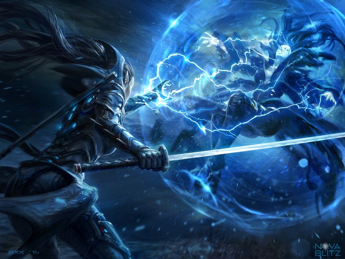 Fantasy art of two warriors battling with lightning
