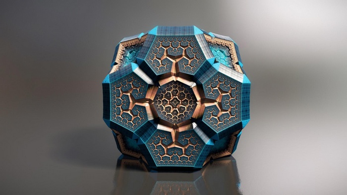 3D fractal geometric object with blue and gold accents
