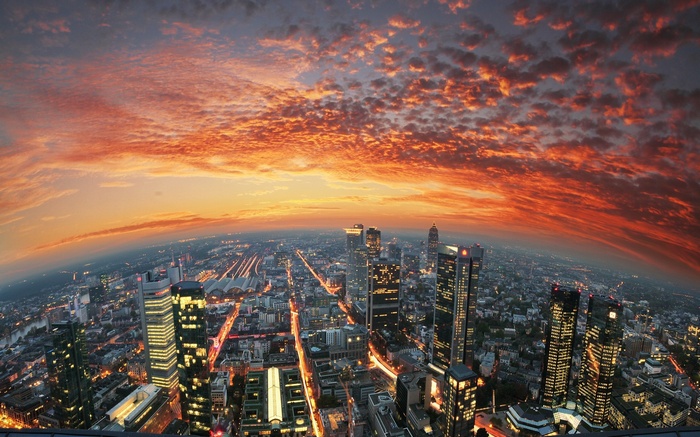 Frankfurt skyline at sunset with colorful clouds