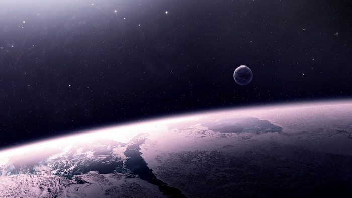 Planet and moon in deep space with stars