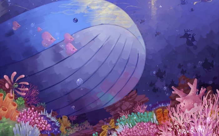 Wailord and fish in a coral reef