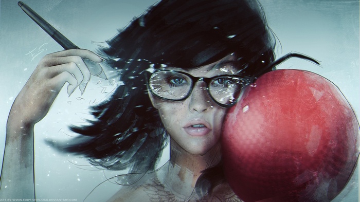 Woman with glasses holding a wand and a ball