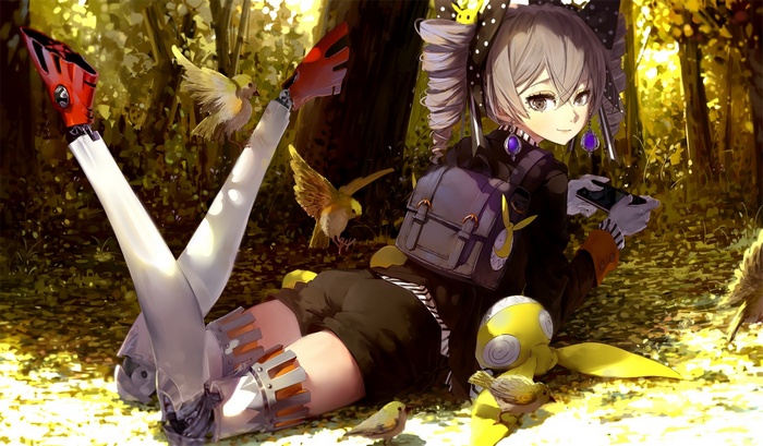Bronya Zaychik with birds in a forest