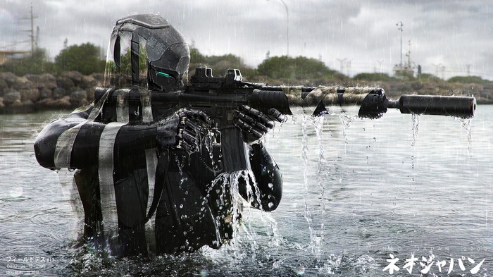 Futuristic soldier in water with rifle