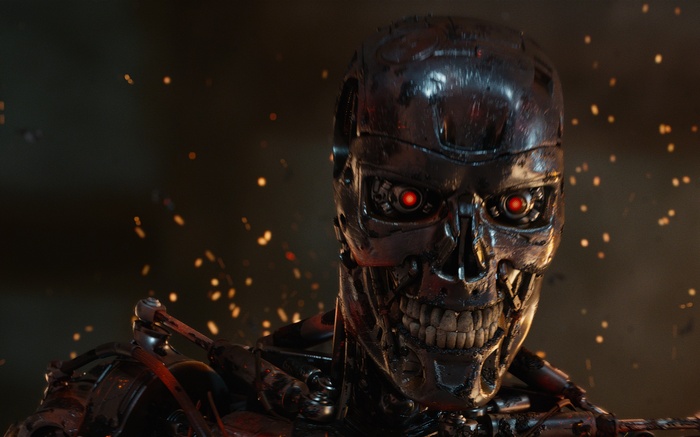 Terminator T-800 Endoskeleton with glowing red eyes
