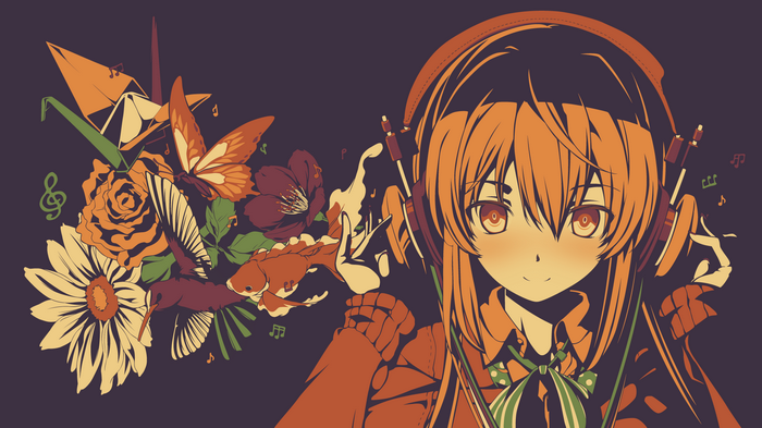 Anime girl with headphones and flowers