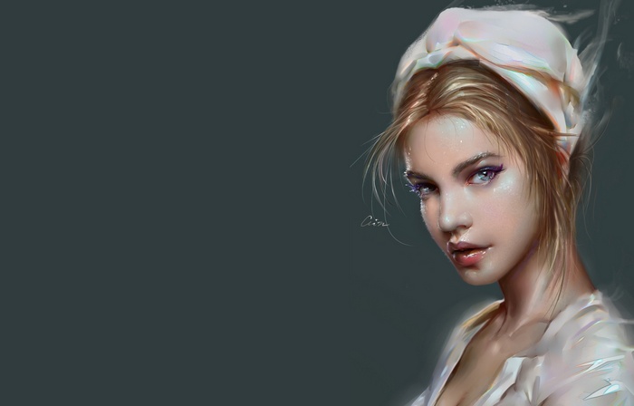 Artwork of a woman with blonde hair and purple eyeshadow