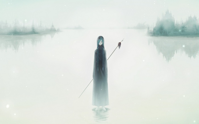 Shion (King of Fighters) standing in a misty lake with a spear