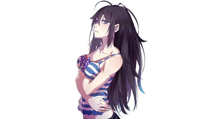 Raiden Mei in a striped swimsuit with polka dot bow