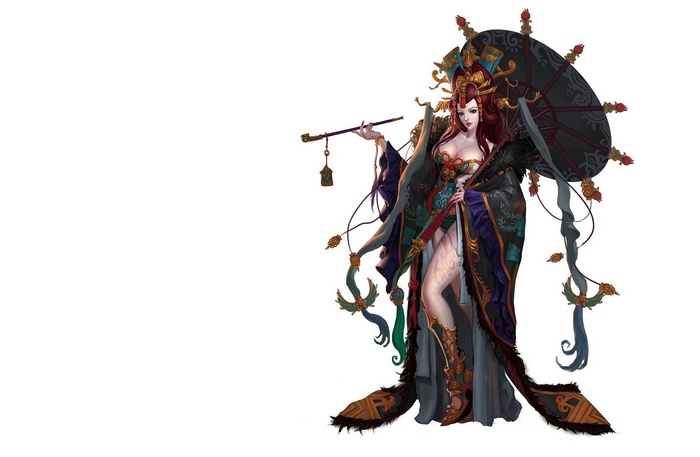 Fantasy art of a redhead woman with an umbrella