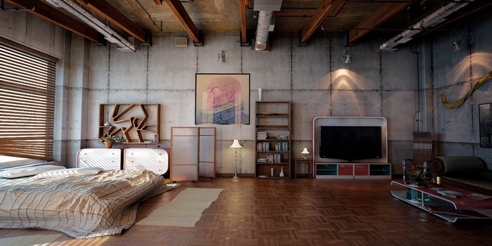 Loft apartment with bedroom and living area
