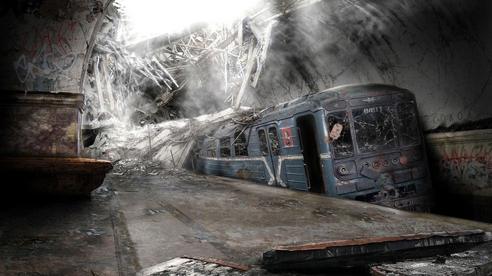Apocalyptic subway tunnel with destroyed train