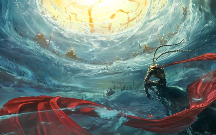 Sun Wukong sits on a rock with red fabric flowing