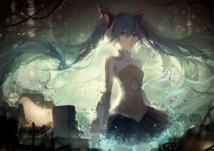 Hatsune Miku in a surreal, fragmented environment