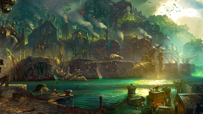 Bilgewater port city with ships and cranes