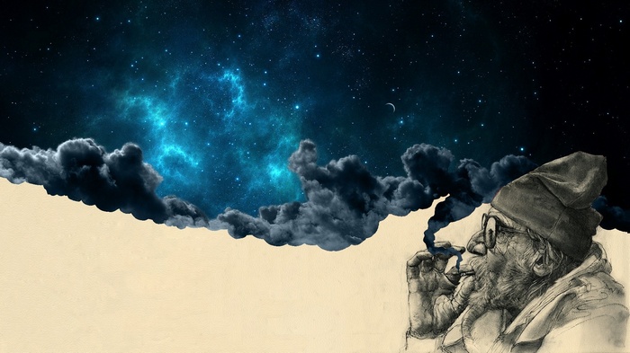 Man smoking pipe under starry sky and clouds