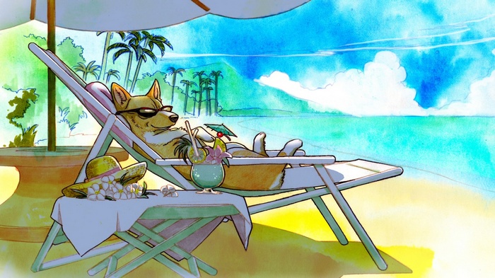 Cowboy Bebop dog relaxing on a beach