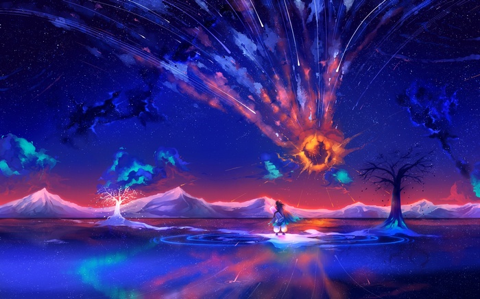 Fantasy art of a girl watching a meteor shower